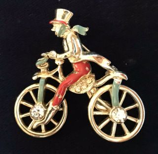 Vintage Rhinestone Enamel Moving Wheel Man Wearing Top Hat On Bicycle Brooch Pin