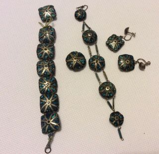Vintage Mosaic Turquoise And Silver Jewelry Parts/beads