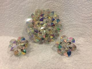 Vintage Iridescent Brooch And Clip On Earrings Set