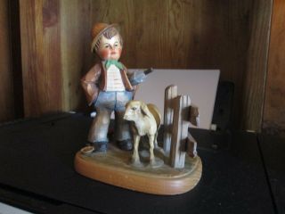 Vtg.  Anri Italy Hand Carved Wood Young Boy & His Farm Animal Figurine [signed]