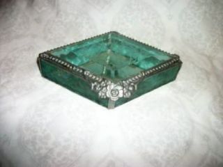 Vintage Etched Beveled Glass Jewelry Casket Aqua Glass Mirror Bottom Handmade