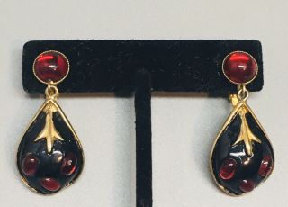Vintage Har Signed Black Enamel & Red Glass Gripoix Cabochon Clip Drop Earrings