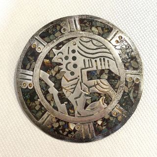 Vintage Mexican Sterling Silver Mayan Aztec Warrior Inlay Pin Brooch Pendant Jba
