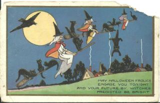 Postcard Vintage Halloween Greetings 3 Flying Witches With Black Cats