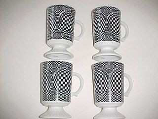 Set 4 Vintage Modern Midcentury Black White Porcelain Pedestal Mugs Optical Art