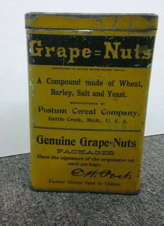 Vintage Grape Nuts Tin Early 1900’s Refillable 100