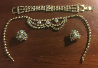 Vintage Art Deco Ab Rhinestone Gold Tone Necklace Earrings Bracelet Set Swag
