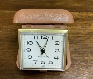Vintage Brown Westclox Travel Alarm Clock Wind Up W/ Fold Up Case 3x3
