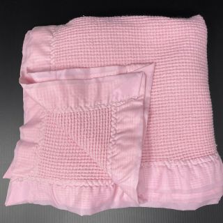 Vintage Hanes Pink Baby Blanket Satin Nylon Trim Acrylic Waffle Weave Thermal