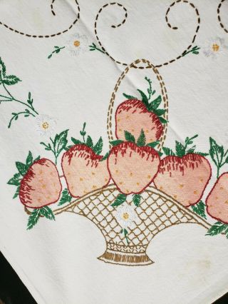Vintage Tablecloth Cotton Hand Embroidered Tinted Strawberries Floral 1940s