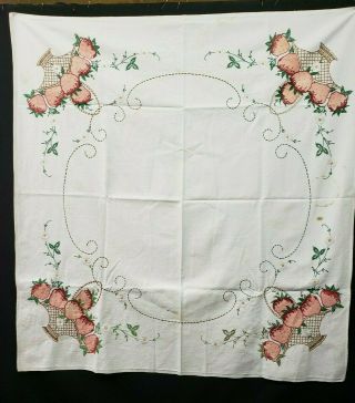 Vintage Tablecloth Cotton Hand Embroidered Tinted Strawberries Floral 1940s 2