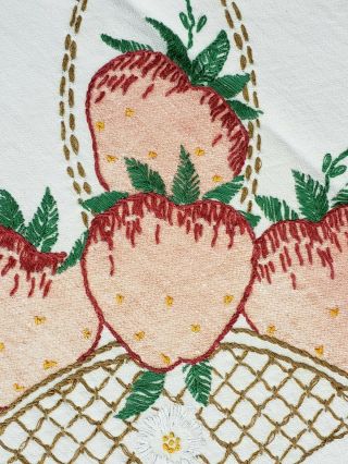 Vintage Tablecloth Cotton Hand Embroidered Tinted Strawberries Floral 1940s 3