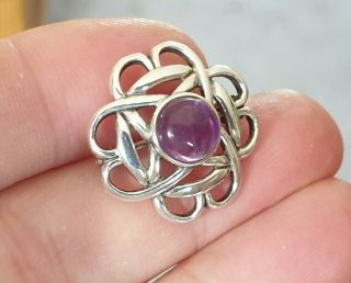 Vintage Art Deco Jewellery Amethyst Cabochon Sterling Silver Knot Brooch Pin