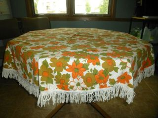Vintage Round Cotton Tablecloth Retro Flower Power Fall Colors Orange Etc Fringe