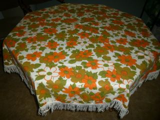 Vintage Round Cotton Tablecloth Retro Flower Power Fall Colors Orange etc Fringe 2