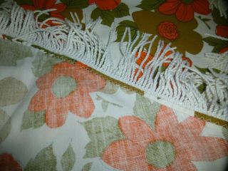 Vintage Round Cotton Tablecloth Retro Flower Power Fall Colors Orange etc Fringe 3
