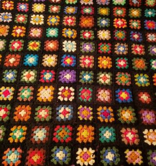 Vintage Multicolored Granny Square Afghan Crochet Blanket Handmade 44”x40 " Throw