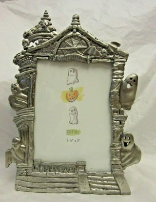 Vtg Metal Halloween Photo Picture Frame Old Victorian House W/ Ghosts & Bat Boo