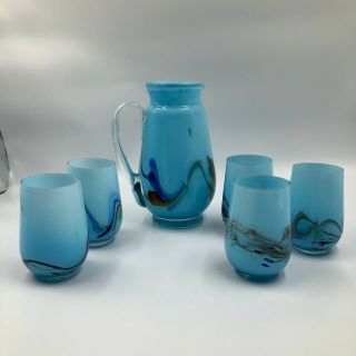 Vintage Blown Glass Pitcher And 5 Glasses Blue & Multi Color Vguc