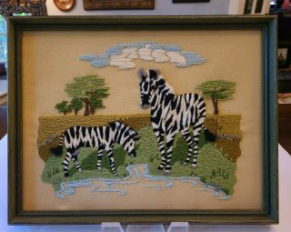 Vintage Framed Sweet Momma Zebra & Baby Finished Needlepoint Crewel 18 " X 15 "