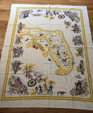 Vintage 1950s Florida State Map Souvenir Linen Tablecloth / 51”x64” Yellow/white