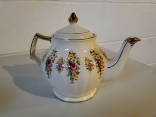 Vintage Sadler England Teapot Cream With Pink Roses Gold Trim 3