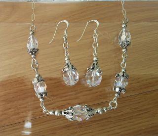Vintage 925 Sterling Silver Crystal Dangle Earrings And Necklace Set