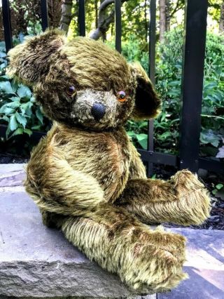Vintage 15 " Teddy Bear Green Long Hair; Big Floppy Ears; Glass Eyes; Stitch Nose