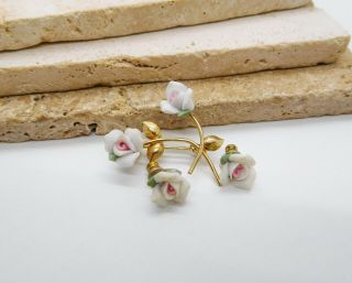 Vintage White Pink Porcelain Rose Gold Brooch Stud Earrings Set D17