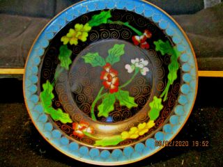 Vintage Cloisonne Trinket Bowl/dishe 3 1/2 " Round.  Black Copper Floral Blue