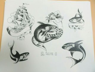 Vintage 1975 Picture Machine Spaulding Rogers Tattoo Flash Sheet 8 Mermaid Shark