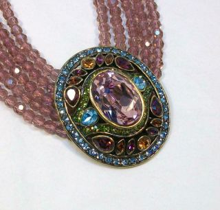 Gorgeous Heidi Daus Vtg Purple,  Blue & Green Rhinestone & Glass Bead Necklace