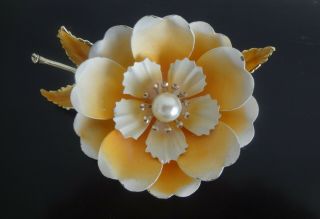 Vintage Brooch Pin Signed Coro - Peach Metal Flower W/ Faux Pearl & Enamel