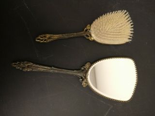 Vintage Collectible Hand Held Brass Mirror And Brush 2 Pc.  Set Victorian