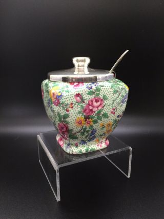 Vintage Royal Winton Grimwades Cranstone Chintz Rheims Shape Jam Jelly Jar W/lid