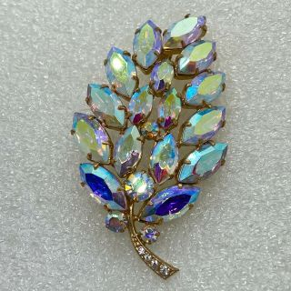Vintage Leaf Cluster Brooch Pin Navette Aurora Borealis Rhinestone Jewelry
