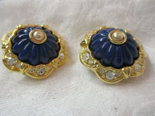 Vintage Gold Tone Joan Rivers Clip On Earrings Navy Blue Enamel With Faux Pearl