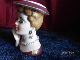 VINTAGE LADY HEAD VASE with JEWELRY MAROON & GREEN DRESS and HAND UP 2