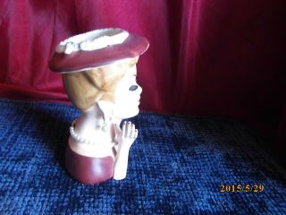 VINTAGE LADY HEAD VASE with JEWELRY MAROON & GREEN DRESS and HAND UP 3