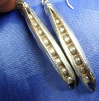 Very Unusual Vintage Sterling Silver Peas In A Pod Long Drop Dangle Earrings