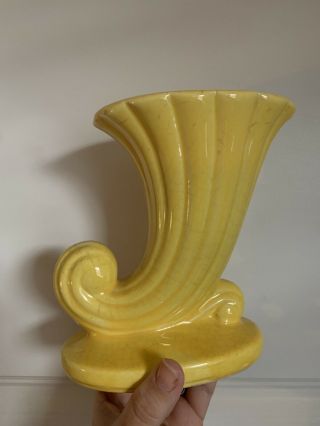 Vintage Usa Bright Yellow Pottery Cornucopia Floral Vase