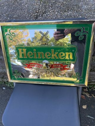 Vintage Heineken Beer Imported Mirror Sign Framed 19x14 Man Cave Distressed