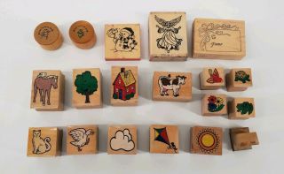 Lot - 19 Vintage Animals And Friends Wooden Base Rubber Stamps 1990s