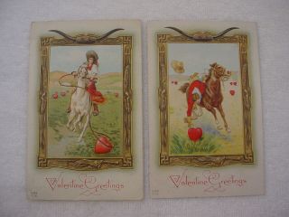 2 Vintage Valentine Cowboy Western Cowgirl Post Cards Postcard Swastika Framed