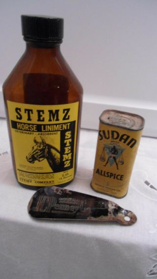 Vtg Stemz Medicine Bottle Linament W Orig Label&sudan Allspice&jc Penny Shoehorn