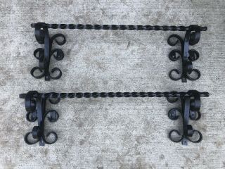 Two (2) 20” Long Black Wrought Iron Scroll Vintage Towel Holder Rack Wall Mount