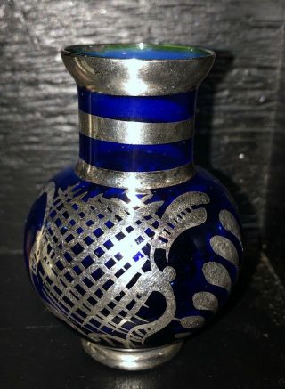 Vtg Miniature Italian Venetian Murano Cobalt Blue Vase With Silver Overlay 3”