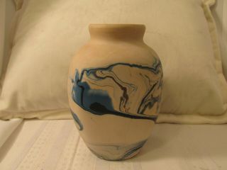 Vintage Nemadji Pottery Vase Blue/ecru/caramel Beige Brown Swirls Made Usa Euc