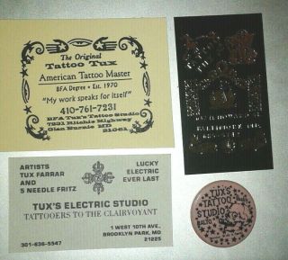 Vintage Tux Tattoo Business Card Flash Metal Pin 1990s 70 