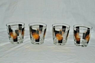 Set Of 4 Vintage Mid Century Modern Black And Gold Burst Rocks Glasses